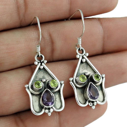 Natural Peridot Gemstone 925 Silver Dangle Tribal Earrings For Women M48