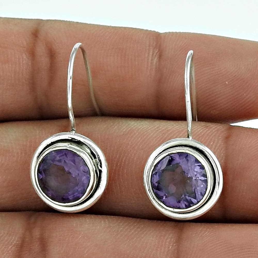 Gift For Her Natural Amethyst Dangle Tribal Earrings 925 Silver N48