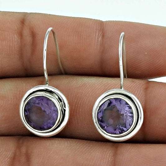 Gift For Her Natural Amethyst Dangle Tribal Earrings 925 Silver N48