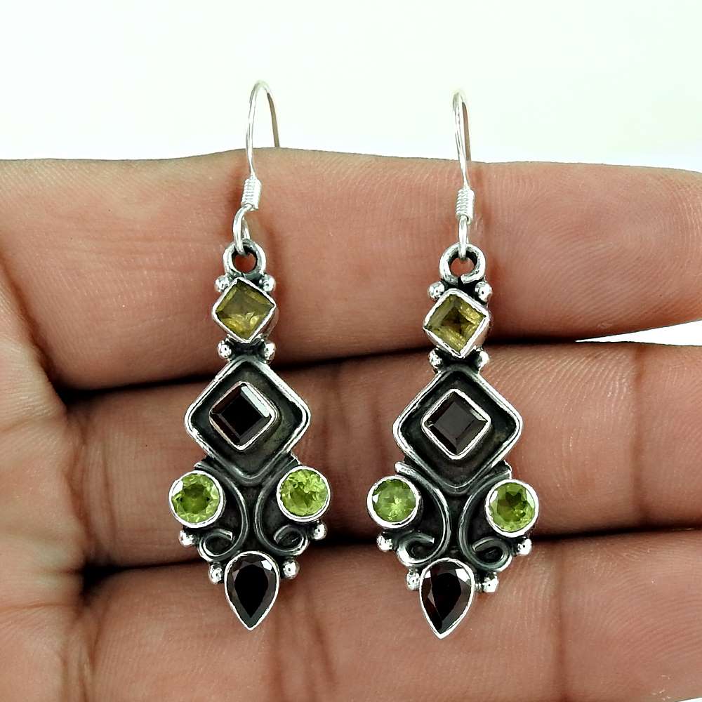 Natural Garnet Gemstone Dangle Tribal Earrings 925 Silver For Girls Q4