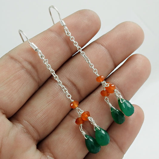 Natural Onyx Gemstone Ethnic Green Earrings 925 Sterling Silver D5