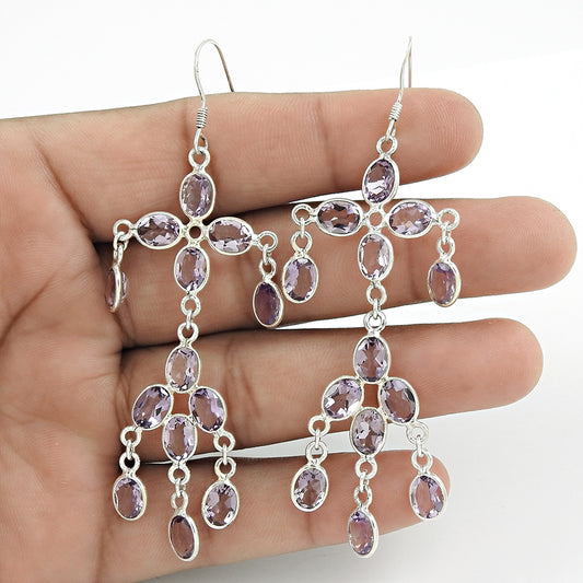 Natural Amethyst Gemstone Drop/Dangle Boho Earrings 925 Sterling Silver Q4