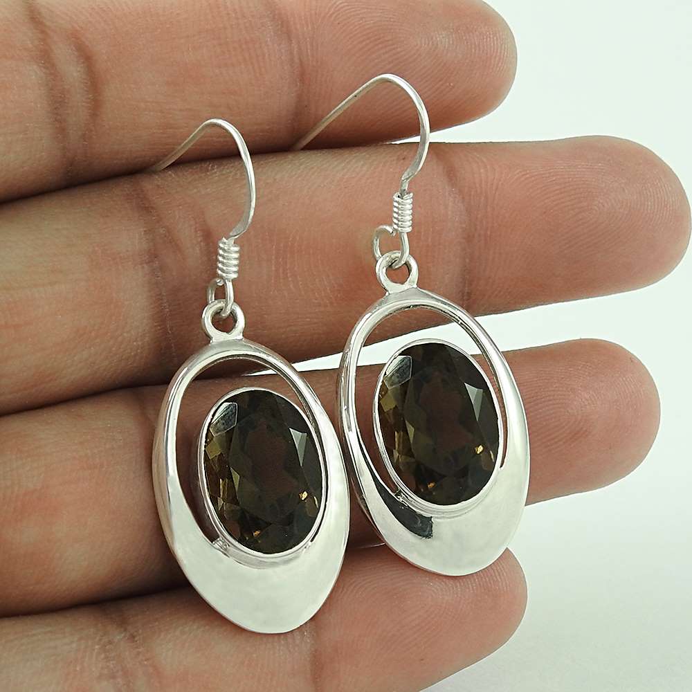 925 Sterling Silver Jewellery Ethnic Smoky Quartz Gemstone Fashion Earrings