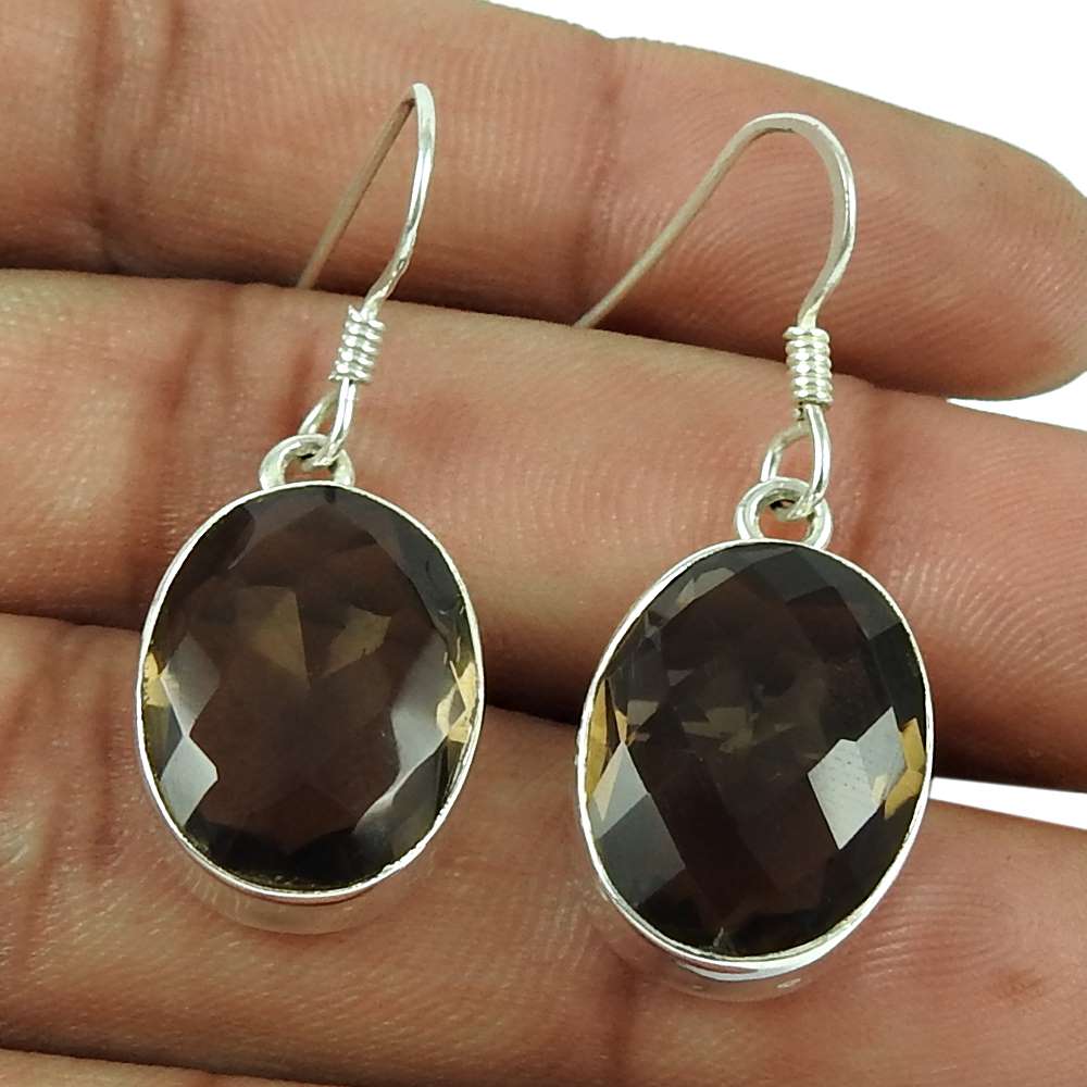 Good-Looking 925 Sterling Silver Smoky Quartz Gemstone Earrings Vintage Jewellery