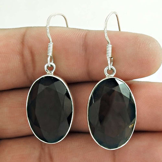 Gift For Women Dangle Bohemian Earrings 925 Silver Natural Smoky Quartz I51