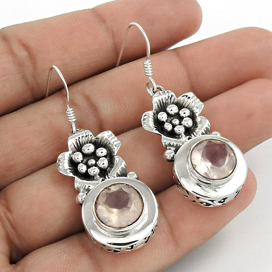 Natural Rose Quartz Gemstone 925 Silver Flower Christmas Gift Earrings U6