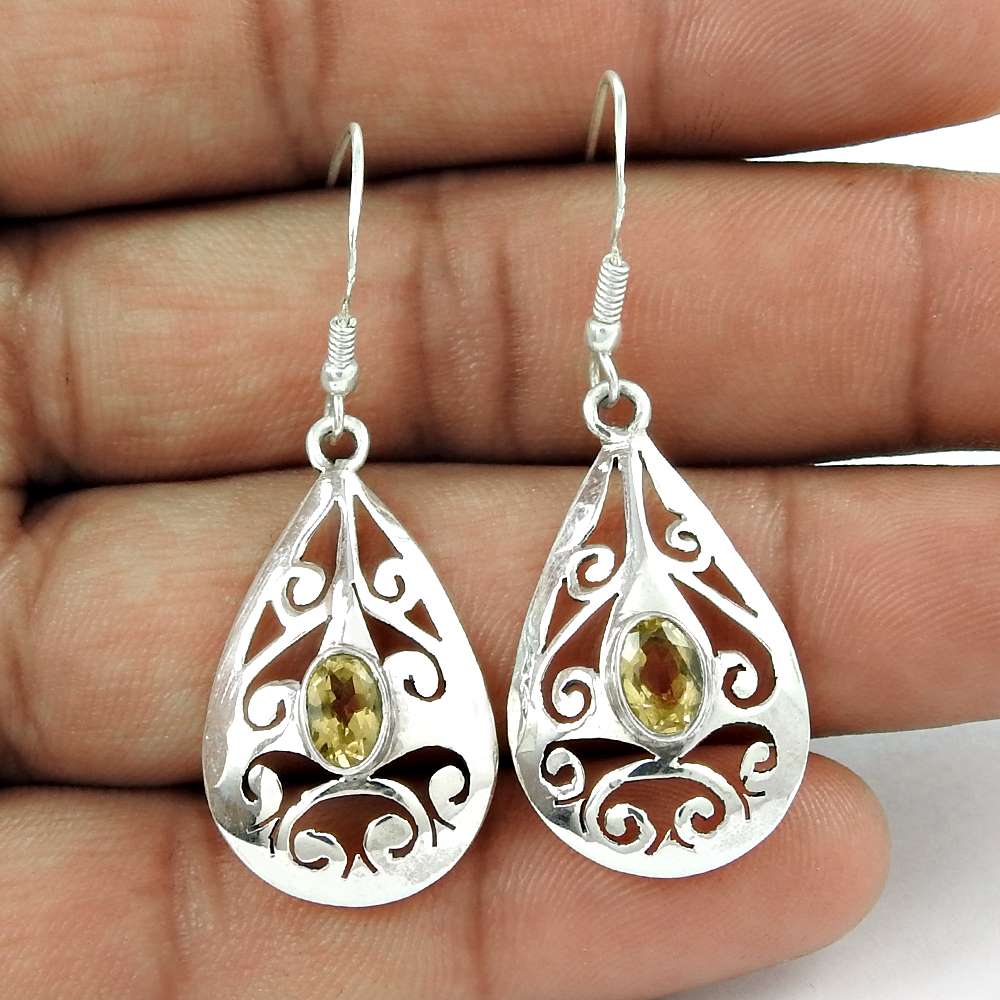 Gift For Her Natural Citrine Dangle Bohemian Earrings 925 Silver O51