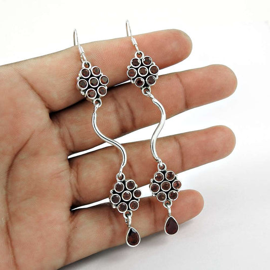 Natural Garnet Gemstone 925 Silver Dangle Tribal Earrings For Women T51
