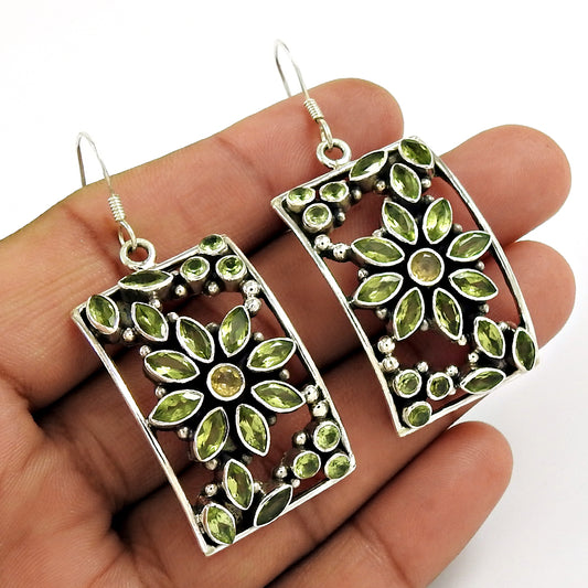 Natural Peridot Gemstone Drop/Dangle Boho Earrings 925 Silver For Girls G17