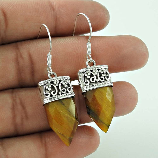 Personable 925 Sterling Silver Tiger Eye Gemstone Pencil Earring Jewellery