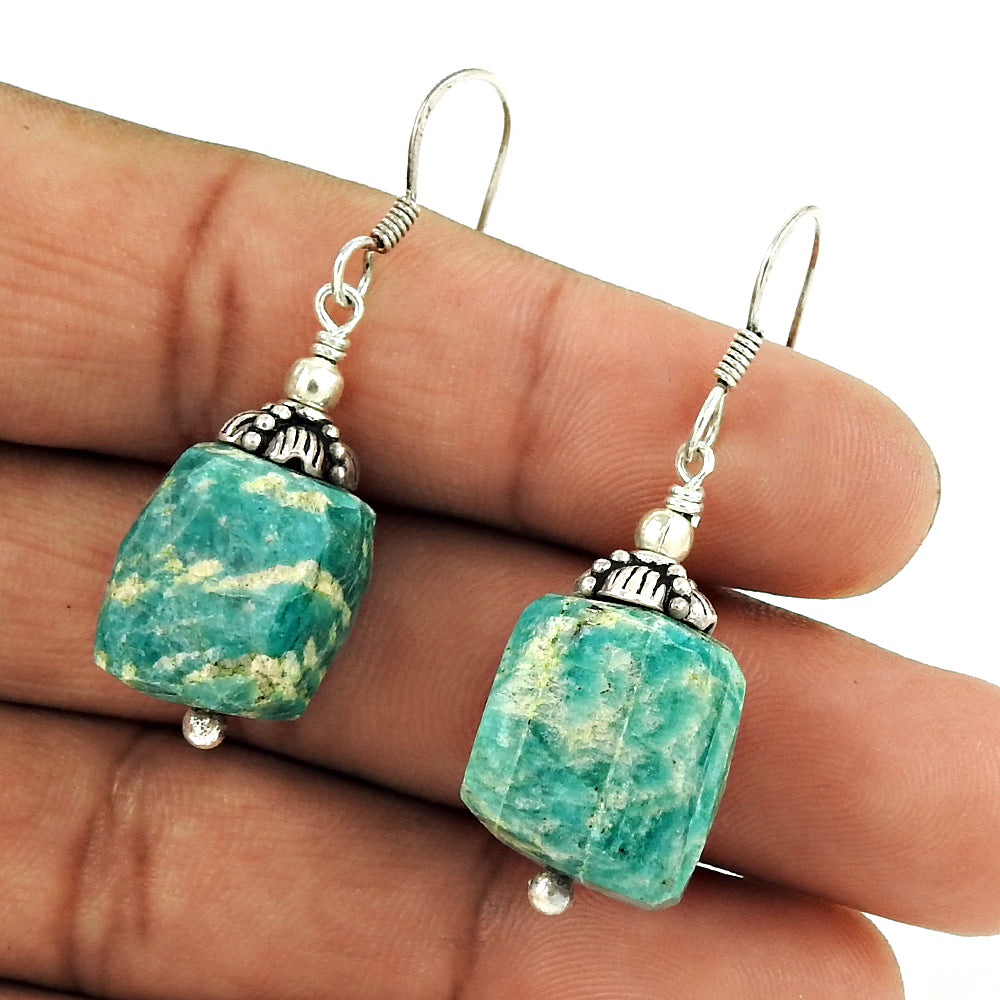 Christmas Gift Natural Amazonite Drop/Dangle Boho Earrings 925 Silver A5
