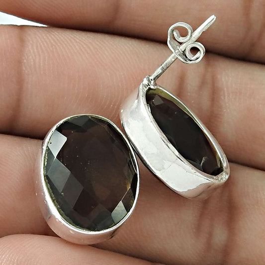 Wedding Gift For Her 925 Silver Natural Smoky Quartz Stud Vintage Earrings M53
