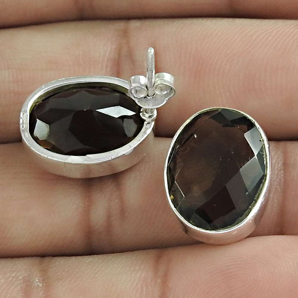 Natural Smoky Quartz Gemstone Stud Bohemian Earrings 925 Silver For Girls Q3