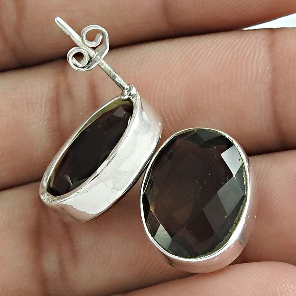 Natural Smoky Quartz Gemstone Stud Tribal Earrings 925 Silver For Women P53