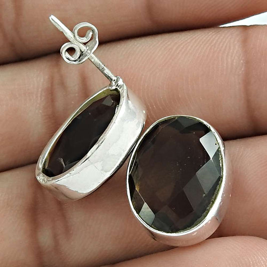 Natural Smoky Quartz Gemstone Stud Tribal Earrings 925 Silver For Women P53