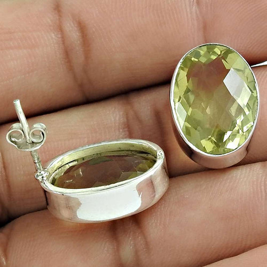 Natural Lemon Quartz Gemstone Stud Tribal Earrings 925 Silver For Women S53