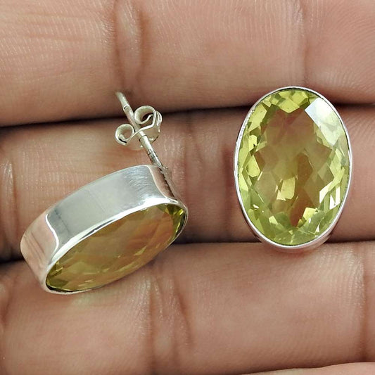 Natural Lemon Quartz Gemstone Stud Ethnic Earrings 925 Silver For Girls T53