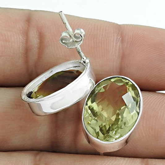 Natural Lemon Quartz Gemstone 925 Silver Stud Vintage Earrings For Girls V53