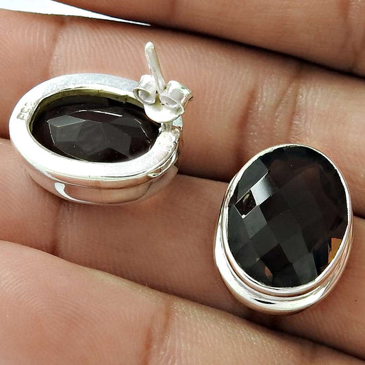 Natural Smoky Quartz Gemstone Stud Bohemian Brown Earrings 925 Silver Z53