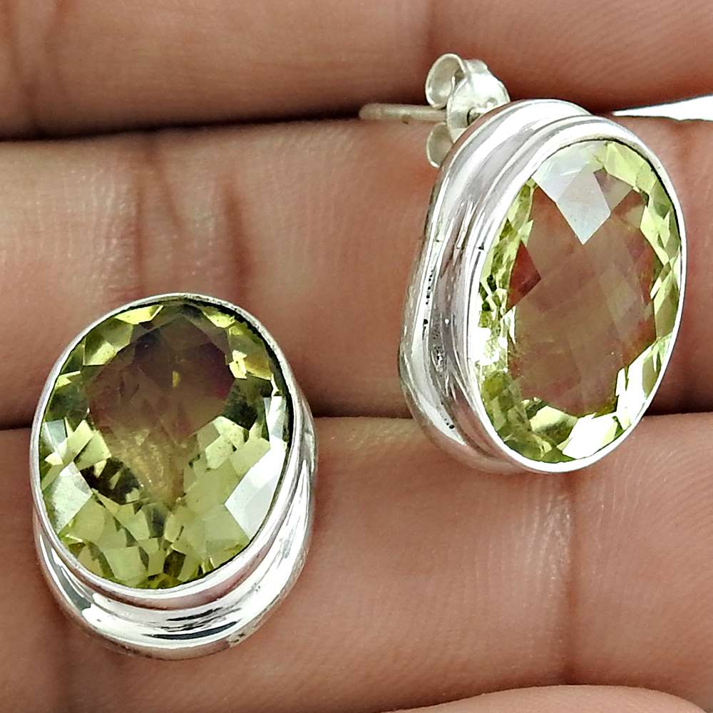 Gift For Her Natural Lemon Quartz Stud Vintage Earrings 925 Silver C54
