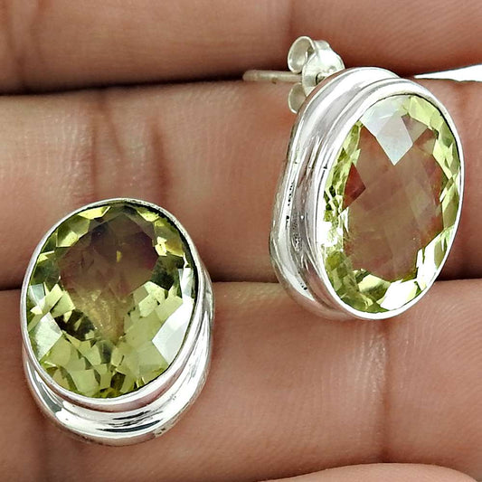 Gift For Her Natural Lemon Quartz Stud Vintage Earrings 925 Silver C54