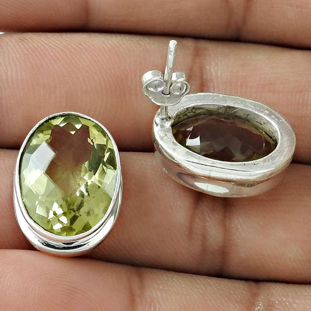 Natural Lemon Quartz Gemstone Stud Bohemian Earrings 925 Silver For Women E54