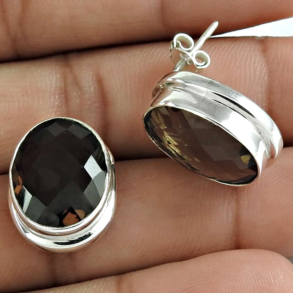 Gift For Women Stud Bohemian Earrings 925 Silver Natural Smoky Quartz F54