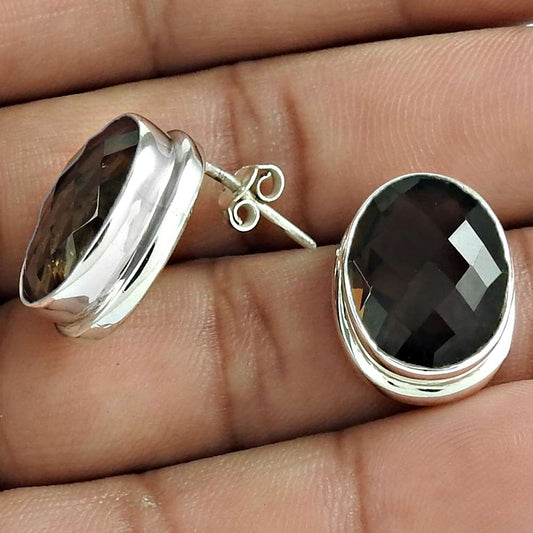 Natural Smoky Quartz Gemstone Stud Vintage Brown Earrings 925 Silver G54