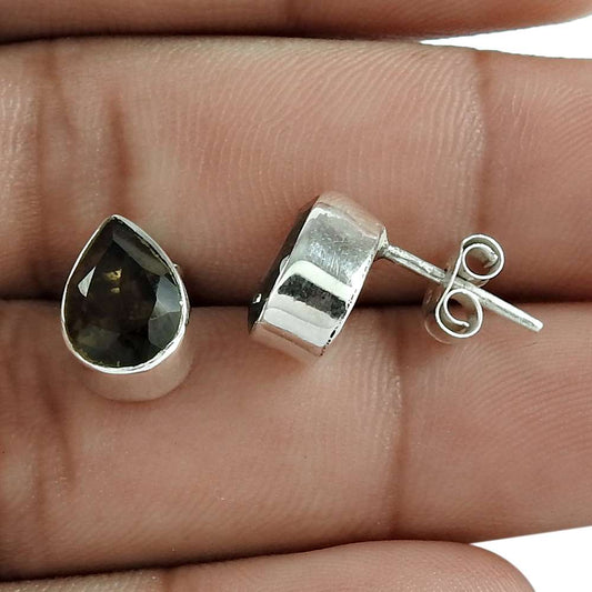 Natural Smoky Quartz Gemstone Stud Boho Earrings 925 Sterling Silver Jewelry N4