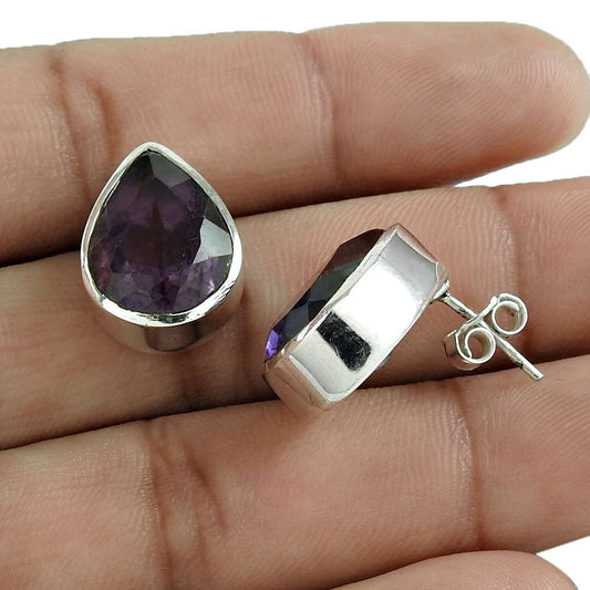 Anniversary Gift For Her Natural Amethyst Stud Vintage Earrings 925 Silver I54