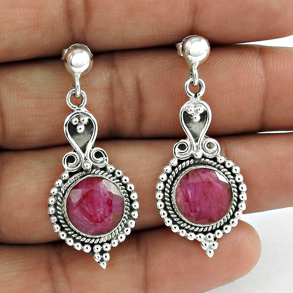 Natural Ruby Gemstone 925 Silver Dangle Bohemian Earrings For Women K54