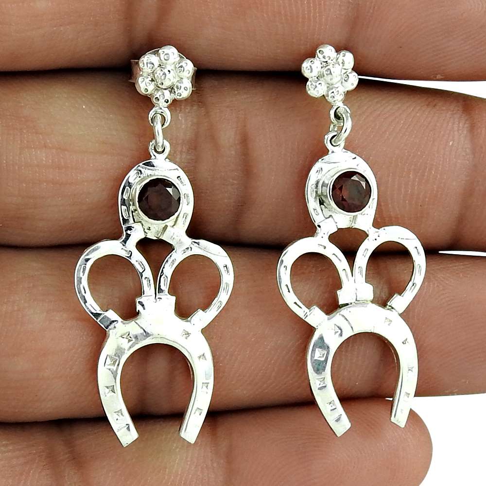 Natural Garnet Gemstone Dangle Ethnic Red Earrings 925 Sterling Silver M54