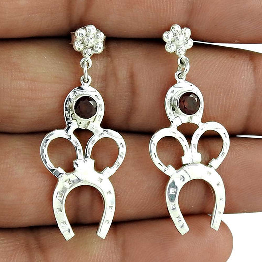 Natural Garnet Gemstone Dangle Ethnic Red Earrings 925 Sterling Silver M54