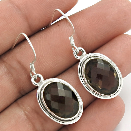 Natural Smoky Quartz Gemstone Brown Earrings 925 Sterling Silver G8