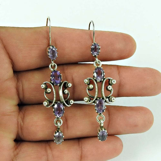 Natural Amethyst Gemstone Dangle Ethnic Earrings 925 Silver For Women P54