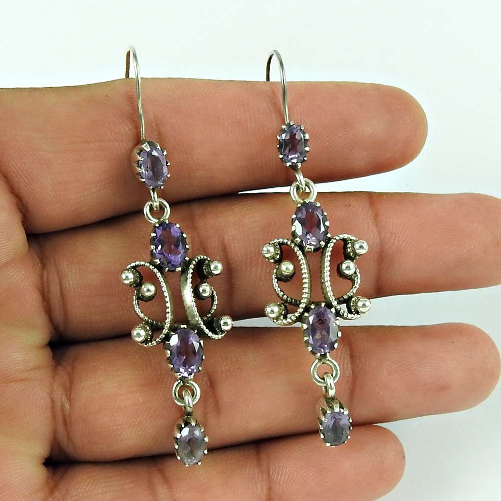 Natural Amethyst Gemstone Dangle Ethnic Earrings 925 Silver For Women Q2