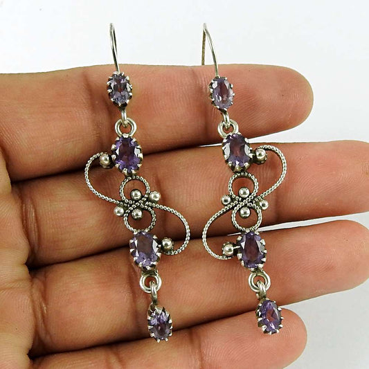 Gift For Women Dangle Tribal Earrings 925 Silver Natural Amethyst S54
