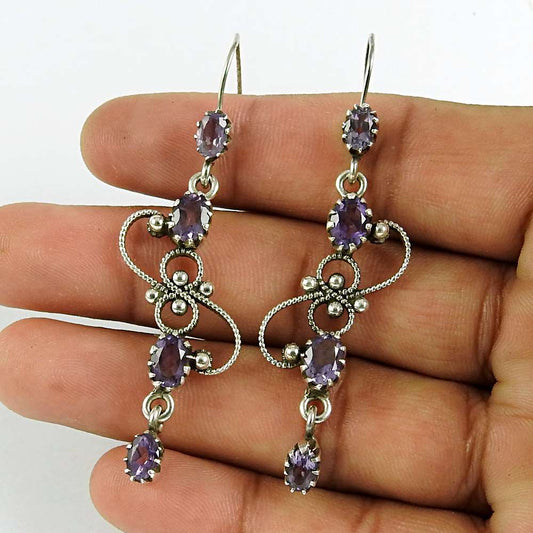 Natural Amethyst Gemstone Dangle Boho Purple Earrings 925 Silver T54
