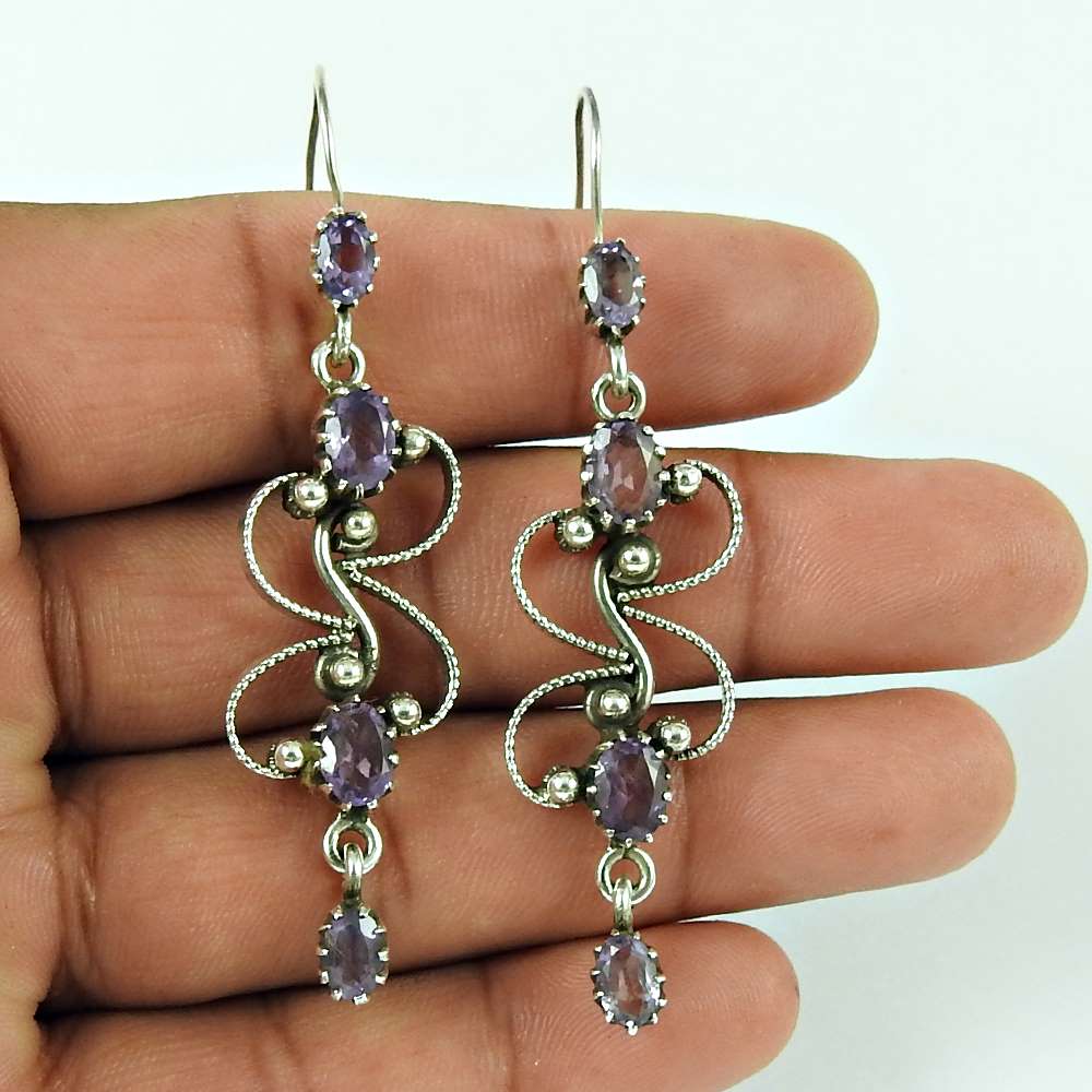 Natural Amethyst Gemstone Dangle Bohemian Purple Earrings 925 Silver W54