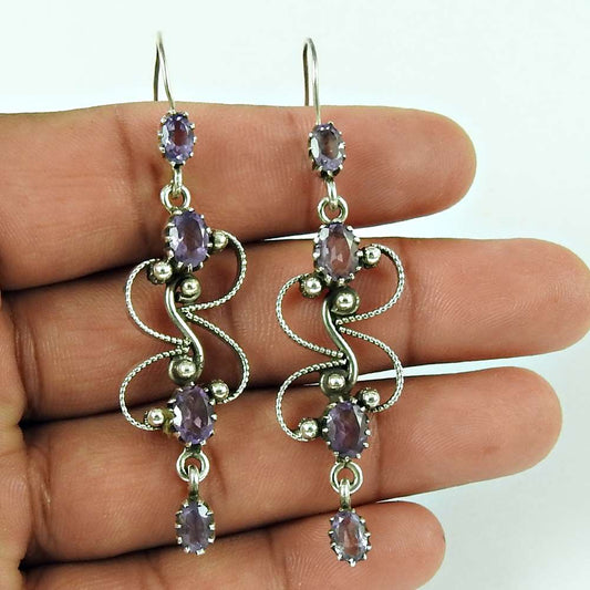 Natural Amethyst Gemstone 925 Silver Dangle Ethnic Earrings For Girls Y54