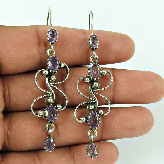 Natural Amethyst Gemstone Dangle Ethnic Earrings 925 Silver For Women A55