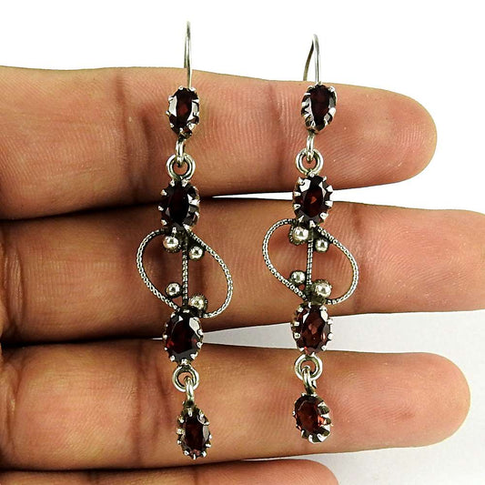 Natural Garnet Gemstone Dangle Ethnic Earrings 925 Sterling Silver C55
