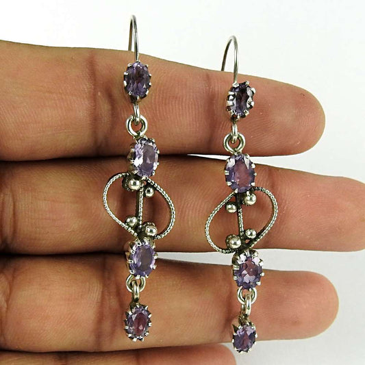 Gift For Women Dangle Ethnic Earrings 925 Silver Natural Amethyst F55