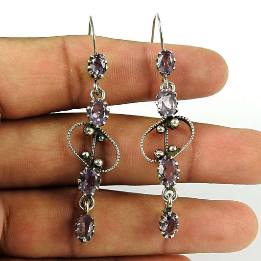 Natural Amethyst Gemstone Dangle Ethnic Earrings 925 Silver For Women G55