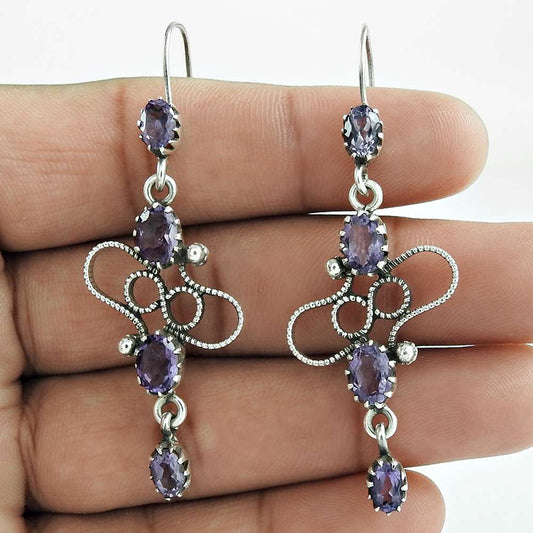 Gift For Her Natural Amethyst Dangle Ethnic Earrings 925 Silver I55