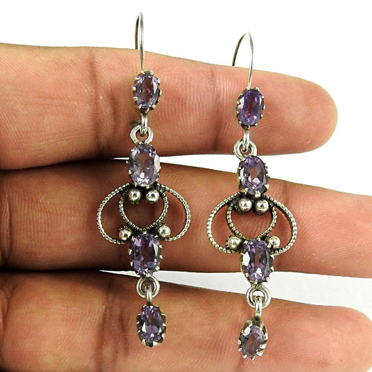 Gift For Her Natural Amethyst Dangle Tribal Earrings 925 Silver L55