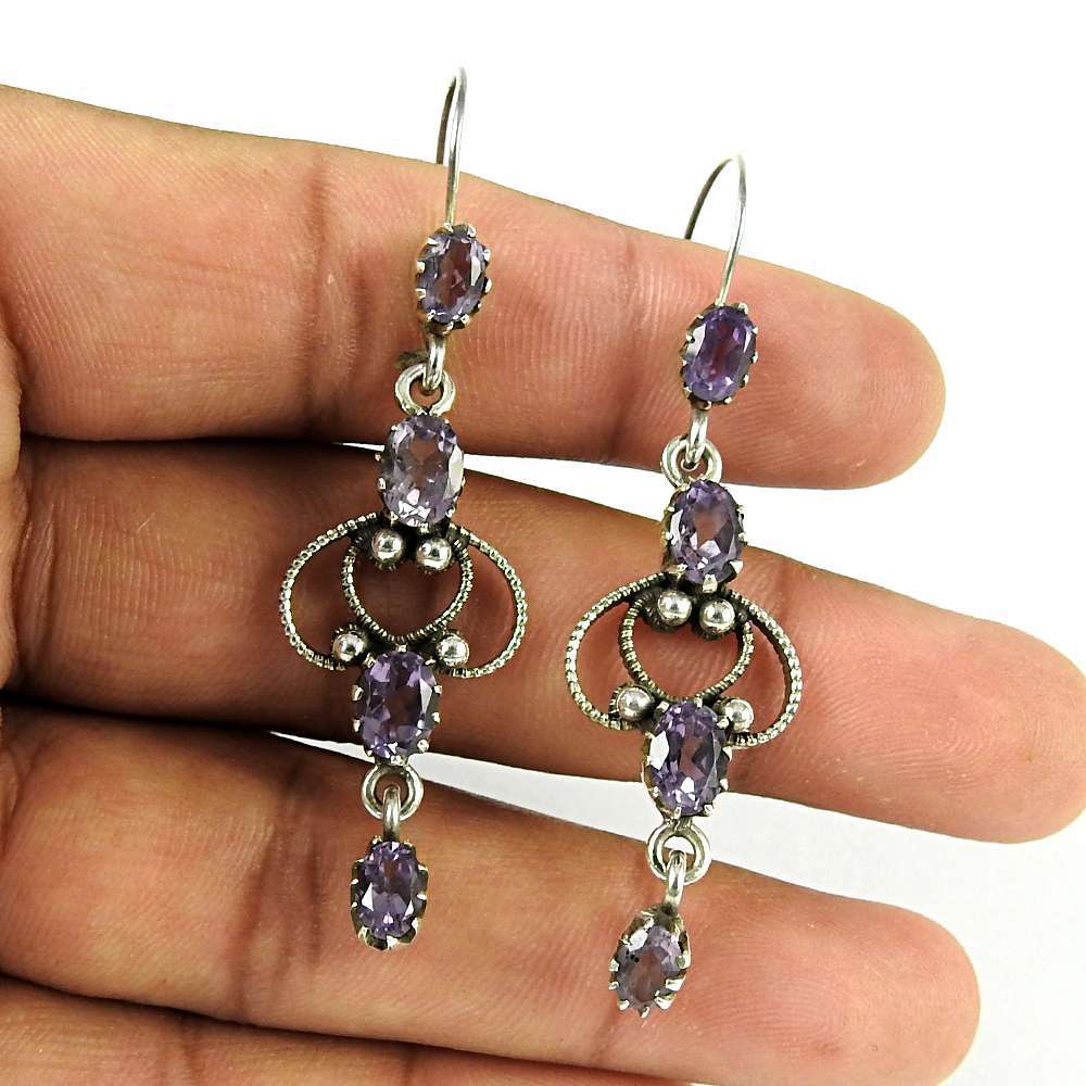 Gift For Women Dangle Vintage Earrings 925 Silver Natural Amethyst M55
