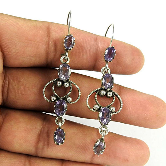 Gift For Women Dangle Vintage Earrings 925 Silver Natural Amethyst M55