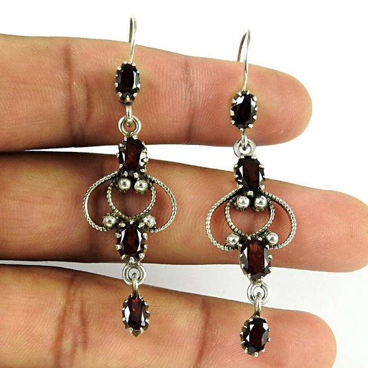 Natural Garnet Gemstone 925 Silver Dangle Boho Earrings For Girls O55