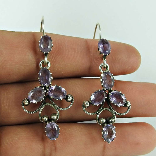 Gift For Her 925 Silver Natural Amethyst Dangle Vintage Earrings R55